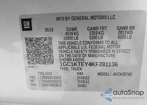 2019 Chevrolet Silverado 2500Hd Ltz z USA, uszkodzony, nr VIN 1GC1KTEY4KF281136